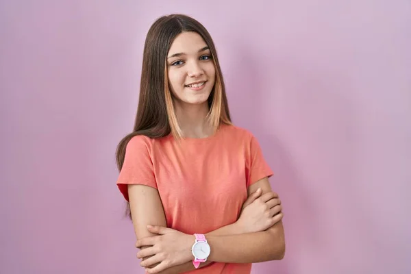 Teenager Girl Standing Pink Background Happy Face Smiling Crossed Arms — 스톡 사진