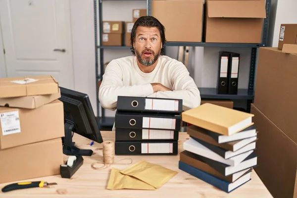 Handsome Middle Age Man Working Small Business Ecommerce Shock Face — Foto de Stock