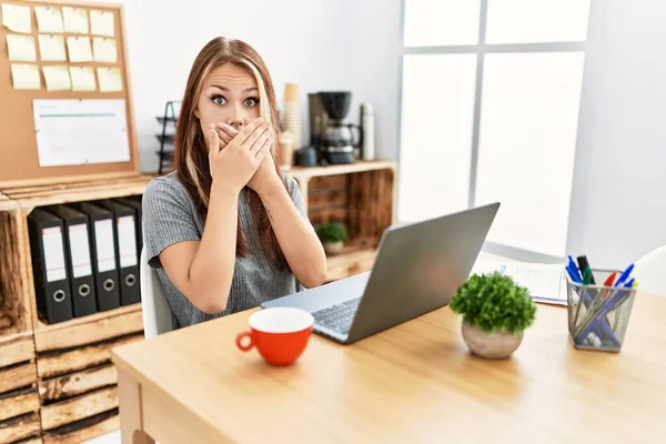 Young Brunette Woman Working Office Laptop Shocked Covering Mouth Hands — Stock Fotó