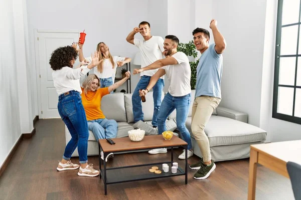 Group Young Friends Having Party Smiling Happy Dancing Home — Stockfoto