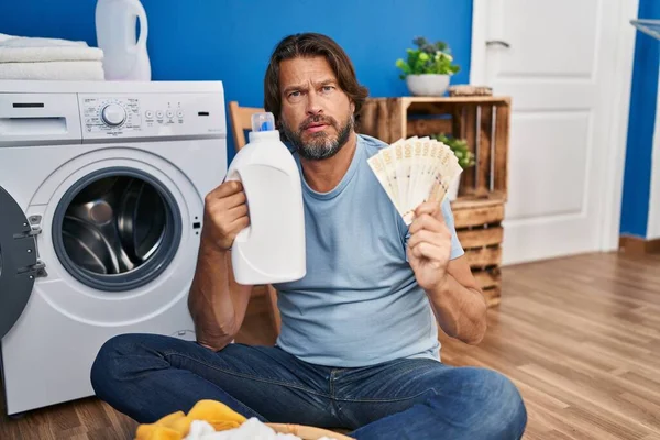 Handsome Middle Age Man Saving Money Laundry Detergent Shock Face — ストック写真