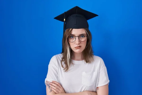 Blonde Caucasian Woman Wearing Graduation Cap Skeptic Nervous Disapproving Expression — Photo