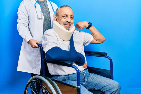 Handsome Senior Man Beard Sitting Wheelchair Neck Collar Looking Confident — Foto de Stock