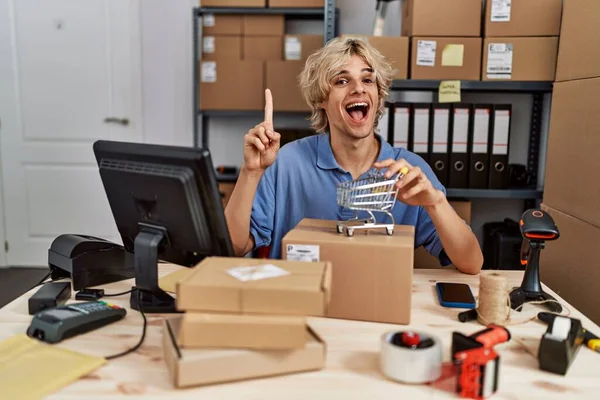 Joven Que Trabaja Comercio Electrónico Pequeñas Empresas Sosteniendo Carrito Pequeño — Foto de Stock