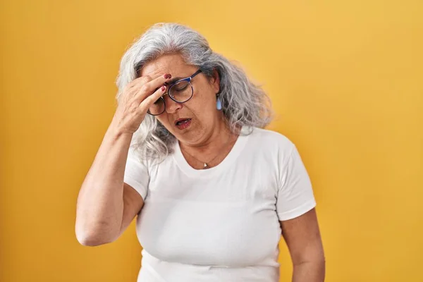 Middle Age Woman Grey Hair Standing Yellow Background Tired Rubbing — Fotografia de Stock