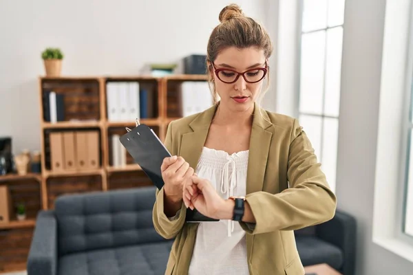 Young Woman Working Consultation Office Checking Time Wrist Watch Relaxed — 图库照片