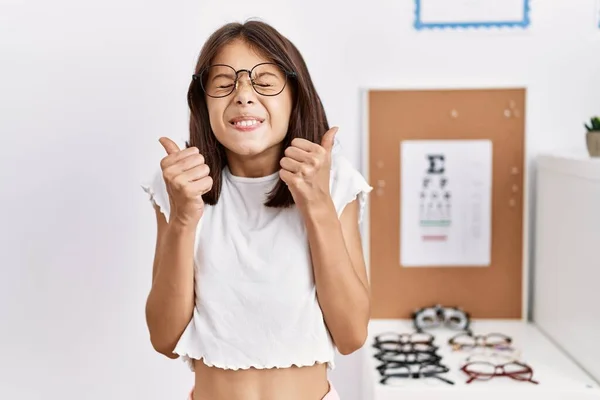 Young Hispanic Girl Wearing Glasses Excited Success Arms Raised Eyes — Stockfoto