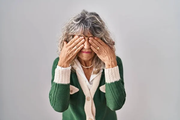 Middle Age Woman Standing White Background Rubbing Eyes Fatigue Headache — Stock Photo, Image