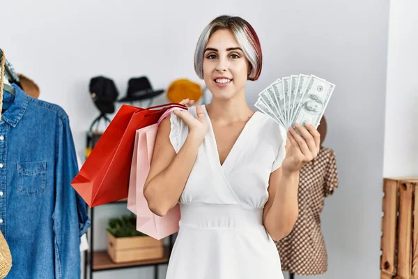 Young Caucasian Customer Woman Holding Shopping Bags Dollars Clothing Store — Stock Photo, Image