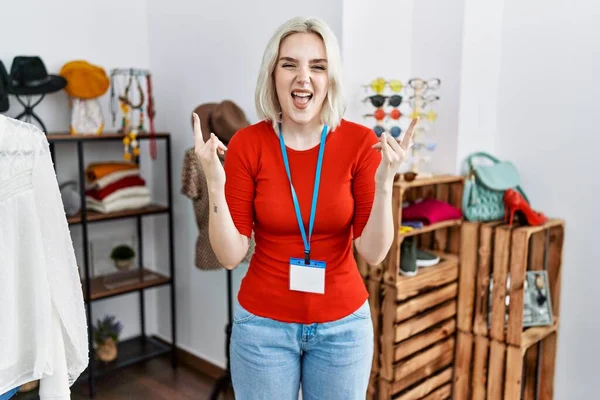 Young Caucasian Woman Working Manager Retail Boutique Shouting Crazy Expression — Stockfoto