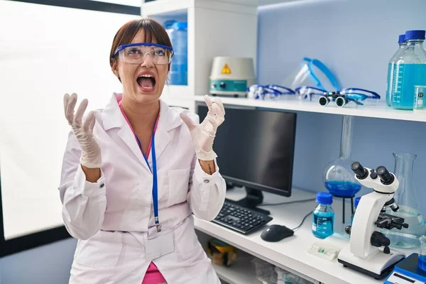 Young Brunette Woman Working Scientist Laboratory Crazy Mad Shouting Yelling — Photo