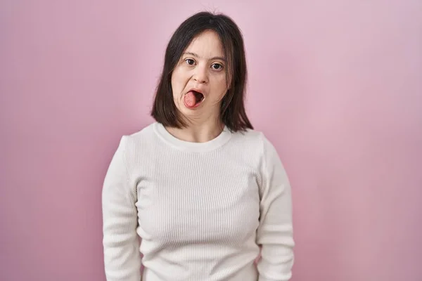 Woman Syndrome Standing Pink Background Sticking Tongue Out Happy Funny — ストック写真