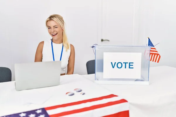 Young Caucasian Woman America Political Campaign Election Winking Looking Camera — Zdjęcie stockowe