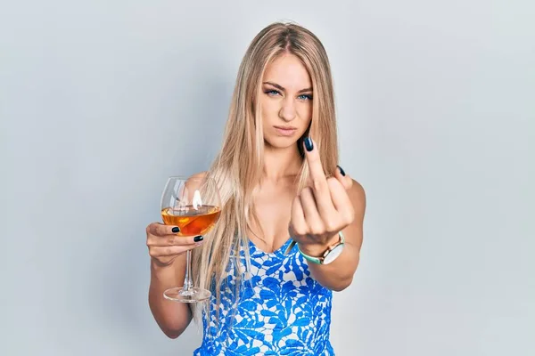 Young Beautiful Caucasian Woman Drinking Glass White Wine Showing Middle — стоковое фото