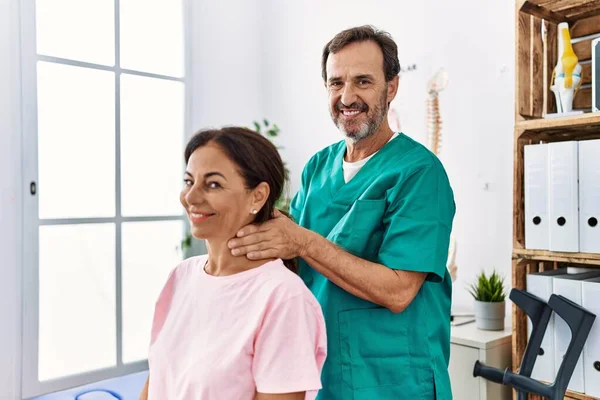 Middle Age Man Woman Smiling Confident Massaging Neck Having Rehab — Stock Photo, Image