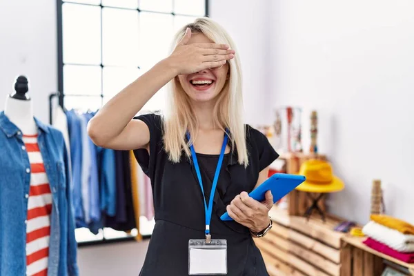 Young Blonde Woman Working Manager Retail Boutique Smiling Laughing Hand — Stock Fotó