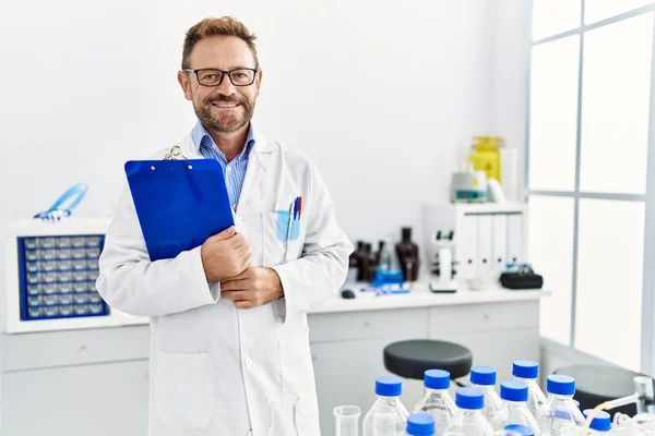 Middle Age Hispanic Man Smiling Confident Wearing Scientist Uniform Laboratory — Stock Photo, Image