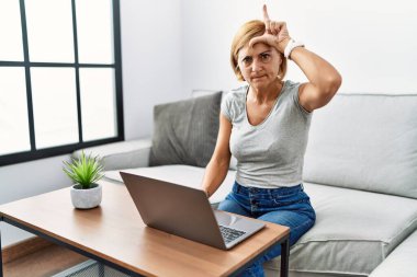 Orta yaşlı sarışın kadın evde dizüstü bilgisayar kullanıyor. Alnında parmakları olan insanlarla dalga geçiyor. Ezik hareketler yapıyor, alay ediyor ve hakaret ediyor.. 