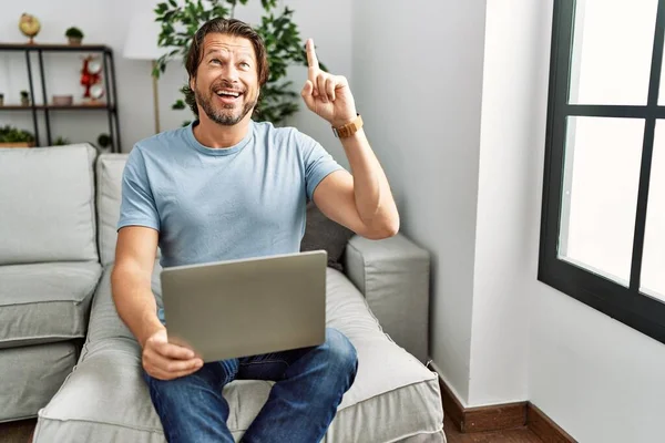 Handsome Middle Age Man Using Computer Laptop Sofa Smiling Amazed — Stok fotoğraf