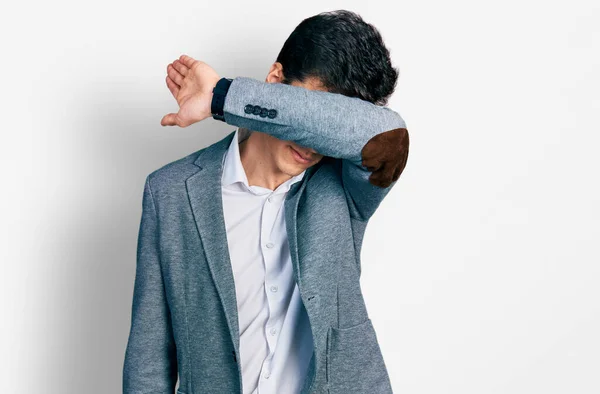 Young Hispanic Man Wearing Business Clothes Covering Eyes Arm Looking — Stock Photo, Image