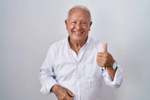 Senior Man Grey Hair Standing Isolated Background Doing Happy Thumbs — 图库照片