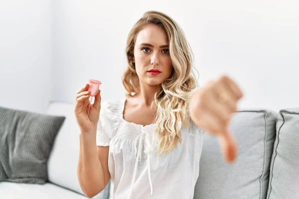 Blonde Young Woman Holding Menstrual Cup Angry Face Negative Sign — Stock Photo, Image