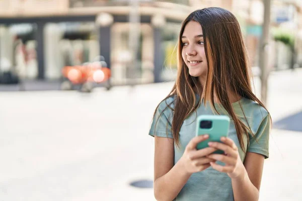 Adorable Girl Smiling Confident Using Smartphone Street — 스톡 사진
