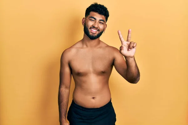 Arab Man Beard Wearing Swimwear Shirtless Showing Pointing Fingers Number — Stock fotografie