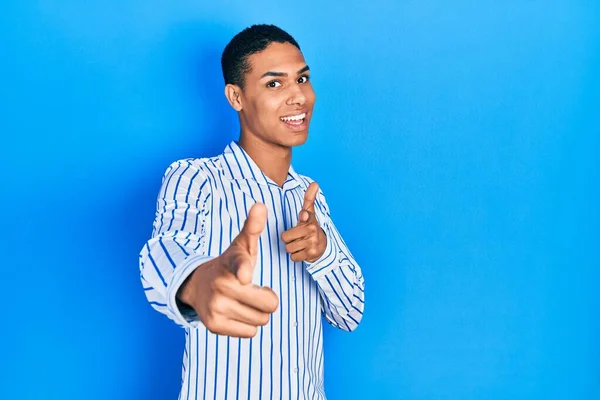 Young African American Guy Wearing Casual Clothes Pointing Fingers Camera — Fotografia de Stock