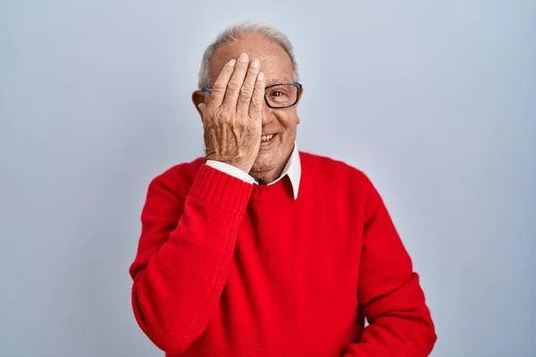 Senior Man Grey Hair Standing Isolated Background Covering One Eye — Fotografia de Stock