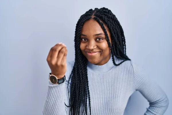 African American Woman Standing Blue Background Doing Italian Gesture Hand — Photo