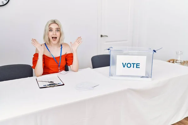 Young Caucasian Woman Political Election Sitting Ballot Celebrating Victory Happy — Stock Fotó