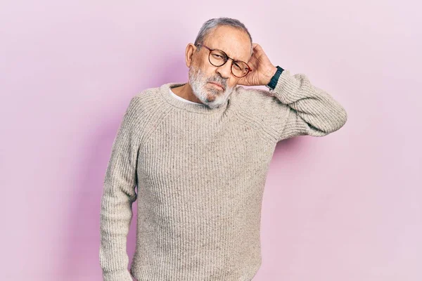 Handsome Senior Man Beard Wearing Casual Sweater Glasses Confuse Wondering — Stockfoto