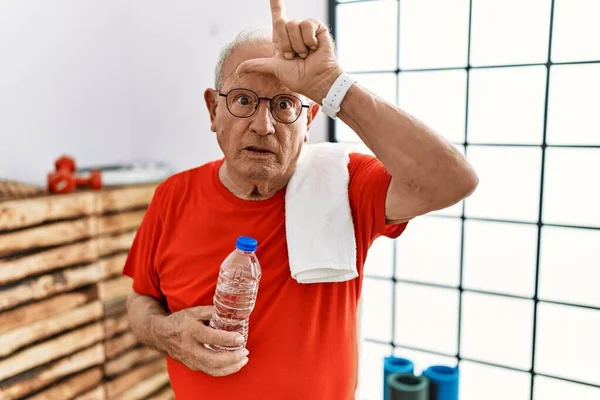 Senior Man Wearing Sportswear Towel Gym Making Fun People Fingers — Foto de Stock