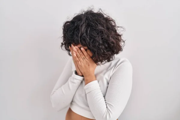 Hispanic Woman Curly Hair Standing Isolated Background Sad Expression Covering — 스톡 사진