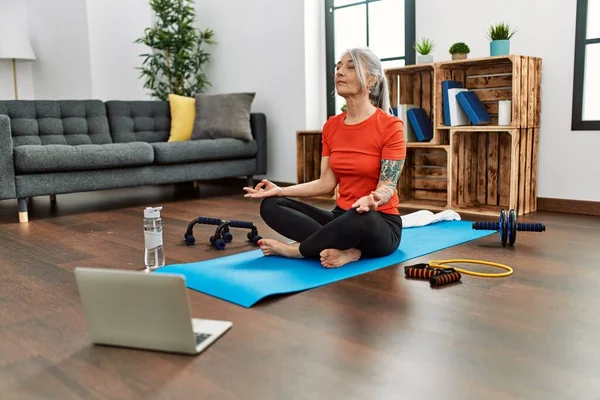 Middle Age Grey Haired Woman Having Online Yoga Class Home — Stok fotoğraf