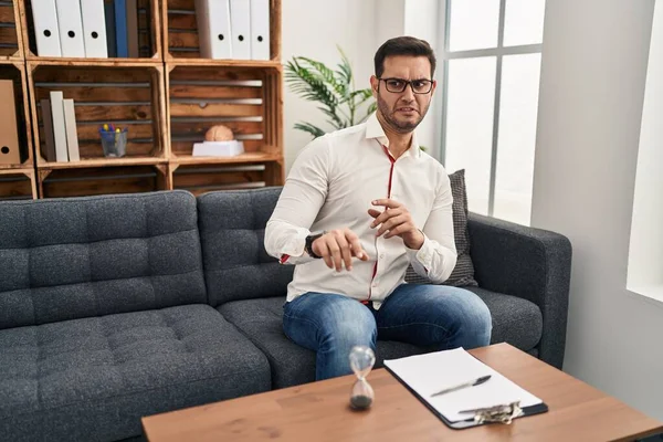 Young Hispanic Man Beard Working Consultation Office Disgusted Expression Displeased — Stock Photo, Image