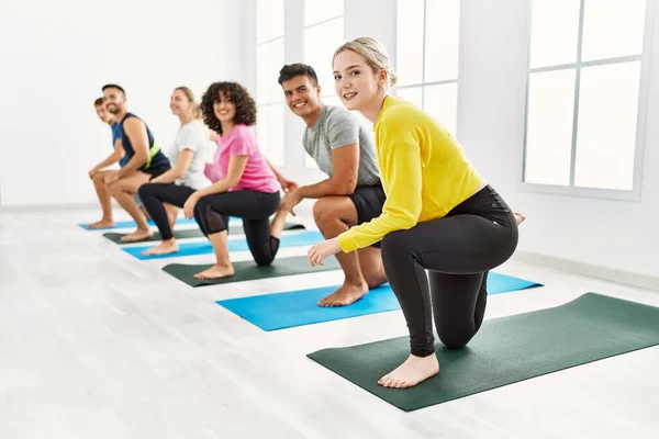 Group Young People Smiling Happy Training Yoga Sport Center — Stock Photo, Image