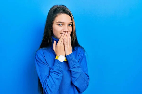 Young Brunette Girl Wearing Turtleneck Sweater Laughing Embarrassed Giggle Covering — Foto Stock