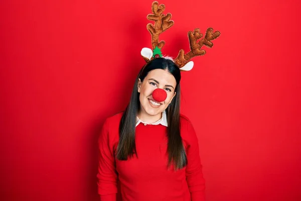 Young Hispanic Woman Wearing Deer Christmas Hat Red Nose Happy — Photo