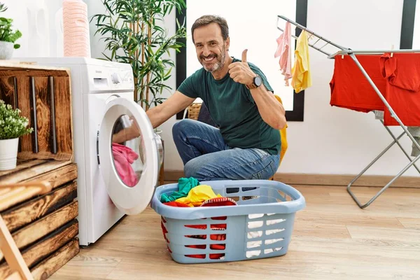 Middle Age Man Beard Putting Laundry Washing Machine Smiling Happy — Fotografia de Stock