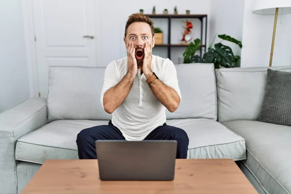 Middle age man using laptop at home afraid and shocked, surprise and amazed expression with hands on face