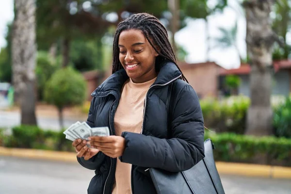 African American Woman Smiling Confident Counting Dollars Street — Stock fotografie