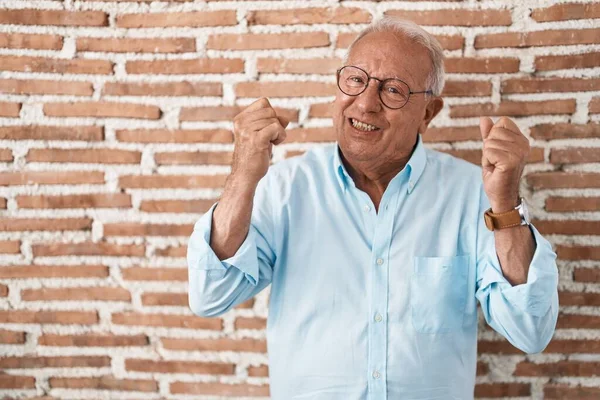 Senior Man Grey Hair Standing Bricks Wall Celebrating Surprised Amazed — Photo