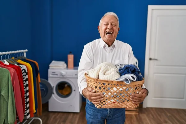 Senior Man Grey Hair Holding Laundry Basket Home Smiling Laughing — Photo
