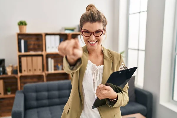 Young Woman Working Consultation Office Pointing You Camera Fingers Smiling — Stockfoto