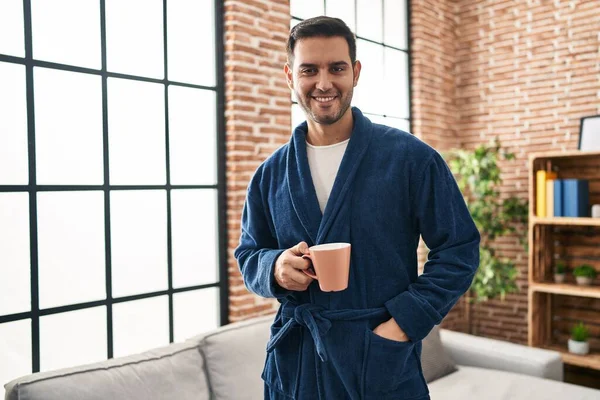 Young Hispanic Man Wearing Robe Drinking Coffee Home — Stock Photo, Image