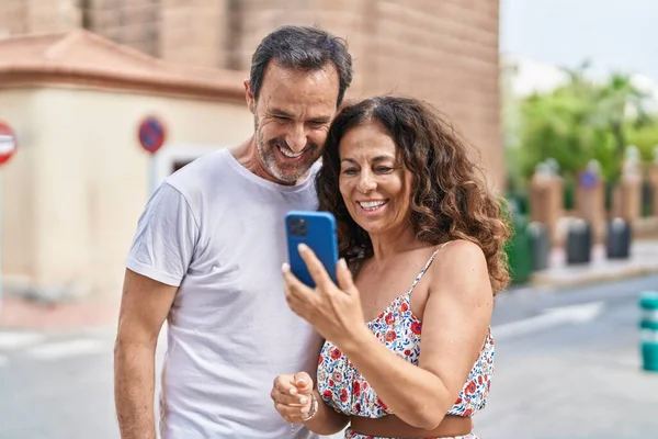 Man Woman Couple Smiling Confident Using Smartphone Street — Stock Fotó