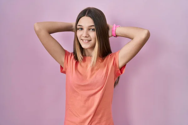 Teenager Girl Standing Pink Background Relaxing Stretching Arms Hands Head — 图库照片