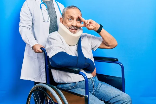 Handsome Senior Man Beard Sitting Wheelchair Neck Collar Doing Peace — Foto de Stock